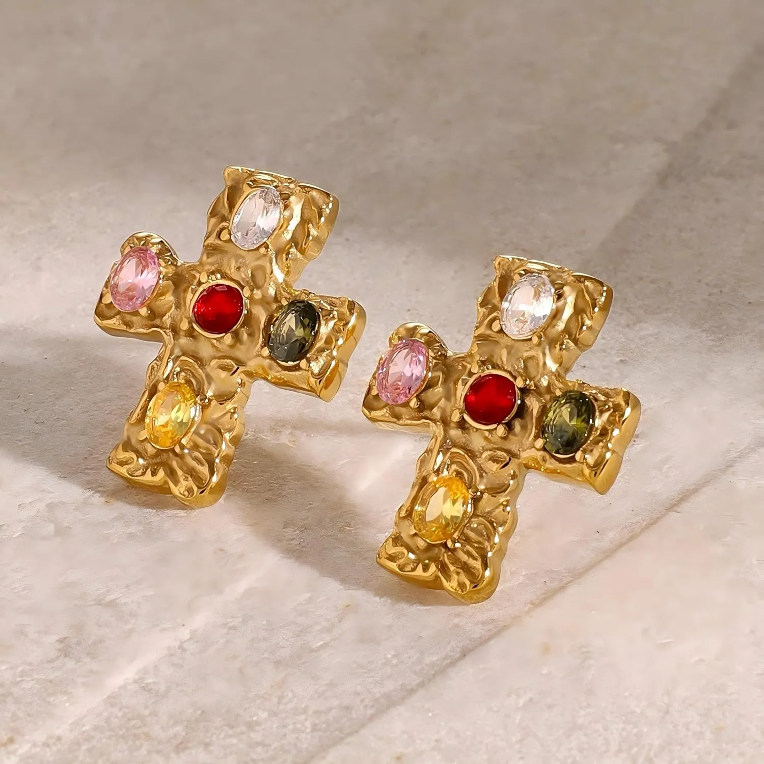 MAX 18K Gold Plated Hammered Cubic Zirconia Cross Pendant Necklace, Studs Earrings | Hypoallergenic All-match Luxury Black String Necklace, Stud Earrings | Ingenious Design Cross Faith Pendant Necklace, Studs Earrings for Women