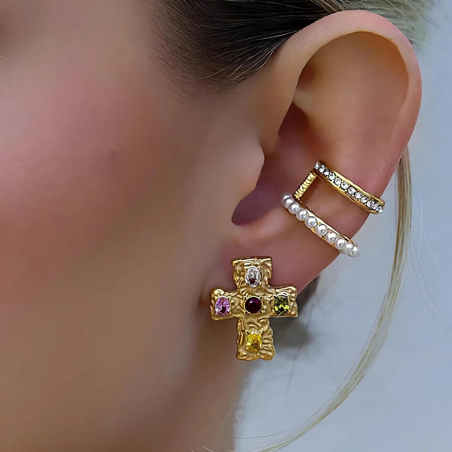 MAX 18K Gold Plated Hammered Cubic Zirconia Cross Pendant Necklace, Studs Earrings | Hypoallergenic All-match Luxury Black String Necklace, Stud Earrings | Ingenious Design Cross Faith Pendant Necklace, Studs Earrings for Women