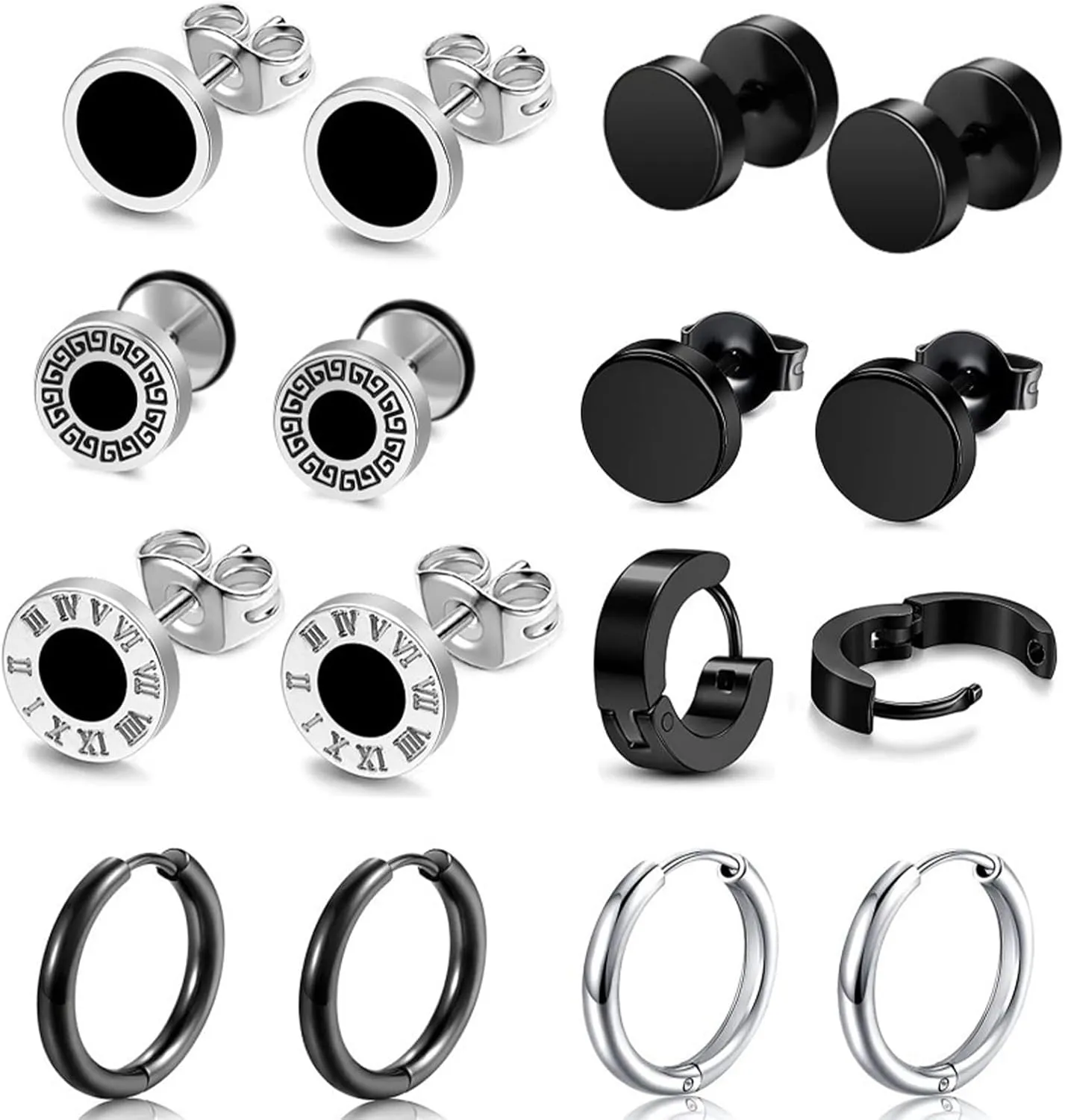 Men Black Hoop Earrings Set 8/15 Pairs Earring for Men Stainless Steel Mens Earrings Stud Cross Dangle Hoop Earrings Set Jewelry Gift for Women
