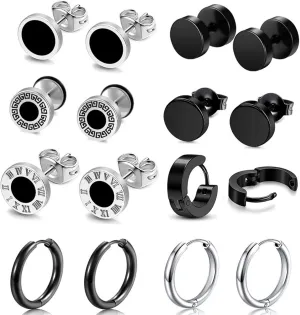 Men Black Hoop Earrings Set 8/15 Pairs Earring for Men Stainless Steel Mens Earrings Stud Cross Dangle Hoop Earrings Set Jewelry Gift for Women