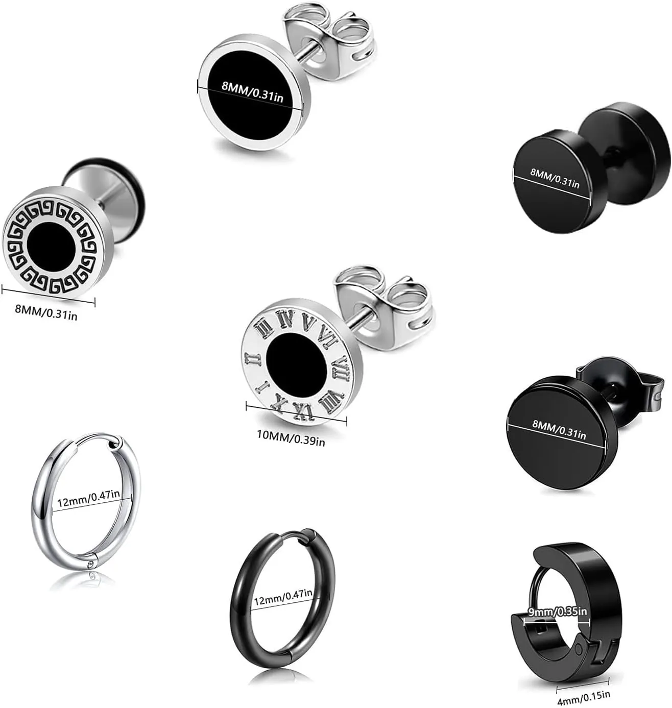 Men Black Hoop Earrings Set 8/15 Pairs Earring for Men Stainless Steel Mens Earrings Stud Cross Dangle Hoop Earrings Set Jewelry Gift for Women