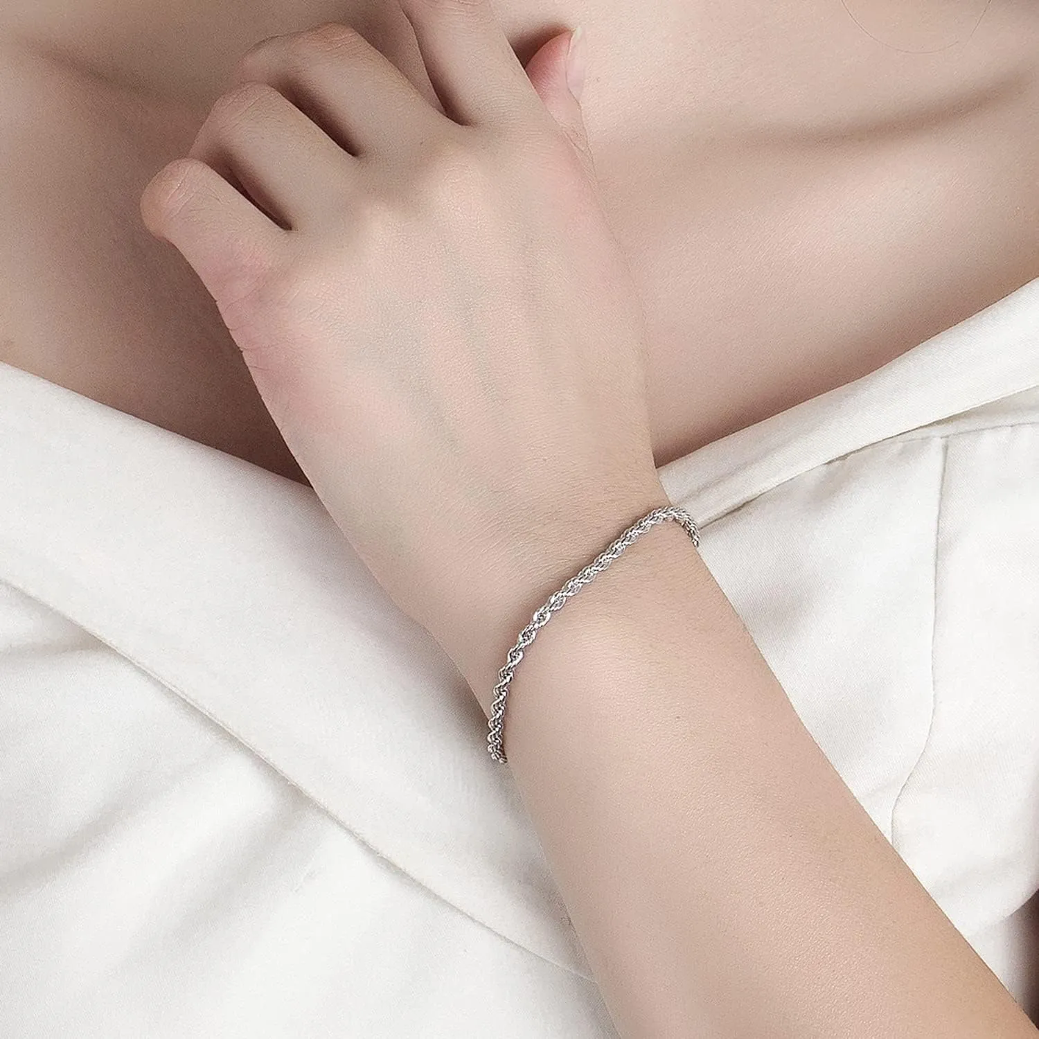 Men Diamond Cut 925 Sterling Silver 3mm Twist Rope Chain Bracelets Women Bangle Clasp Rope Box Chain link 6.3" 6.7" 7" 7.5" 8" 8.5" 9" Cuff Jewelry Gifts