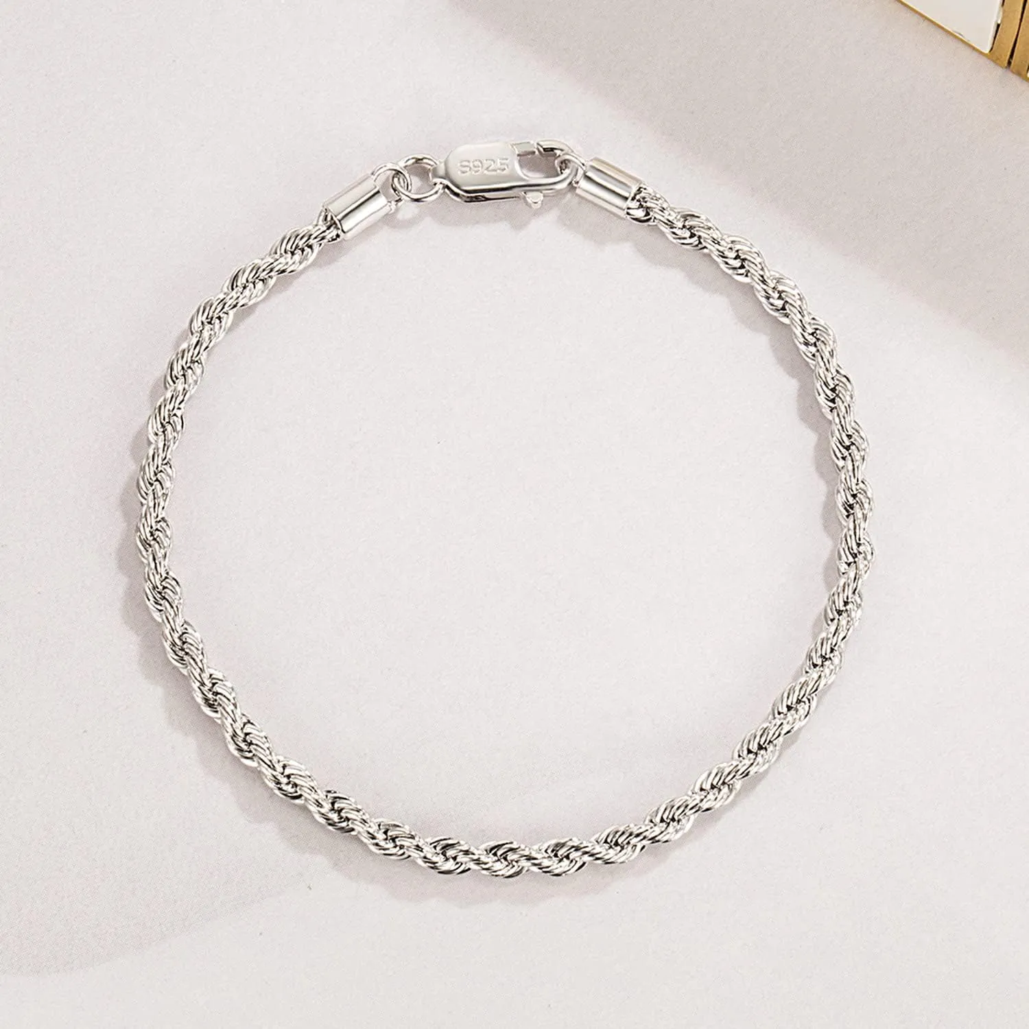 Men Diamond Cut 925 Sterling Silver 3mm Twist Rope Chain Bracelets Women Bangle Clasp Rope Box Chain link 6.3" 6.7" 7" 7.5" 8" 8.5" 9" Cuff Jewelry Gifts
