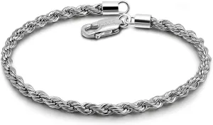 Men Diamond Cut 925 Sterling Silver 3mm Twist Rope Chain Bracelets Women Bangle Clasp Rope Box Chain link 6.3" 6.7" 7" 7.5" 8" 8.5" 9" Cuff Jewelry Gifts