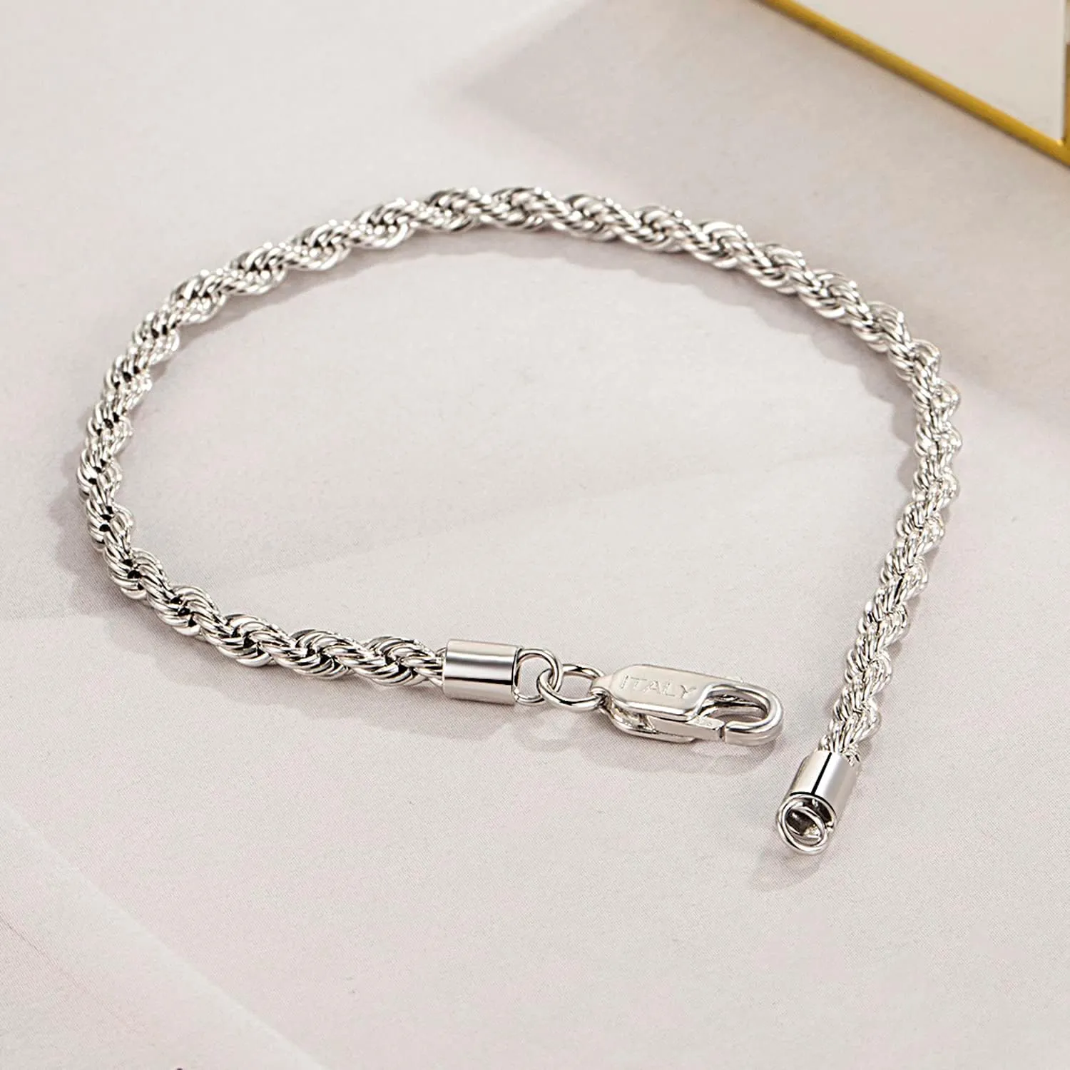 Men Diamond Cut 925 Sterling Silver 3mm Twist Rope Chain Bracelets Women Bangle Clasp Rope Box Chain link 6.3" 6.7" 7" 7.5" 8" 8.5" 9" Cuff Jewelry Gifts