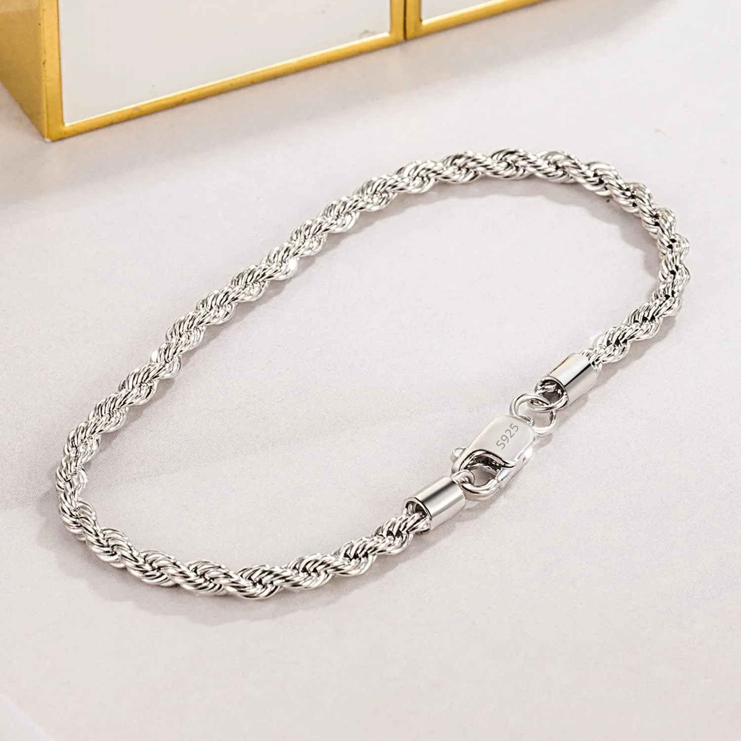 Men Diamond Cut 925 Sterling Silver 3mm Twist Rope Chain Bracelets Women Bangle Clasp Rope Box Chain link 6.3" 6.7" 7" 7.5" 8" 8.5" 9" Cuff Jewelry Gifts