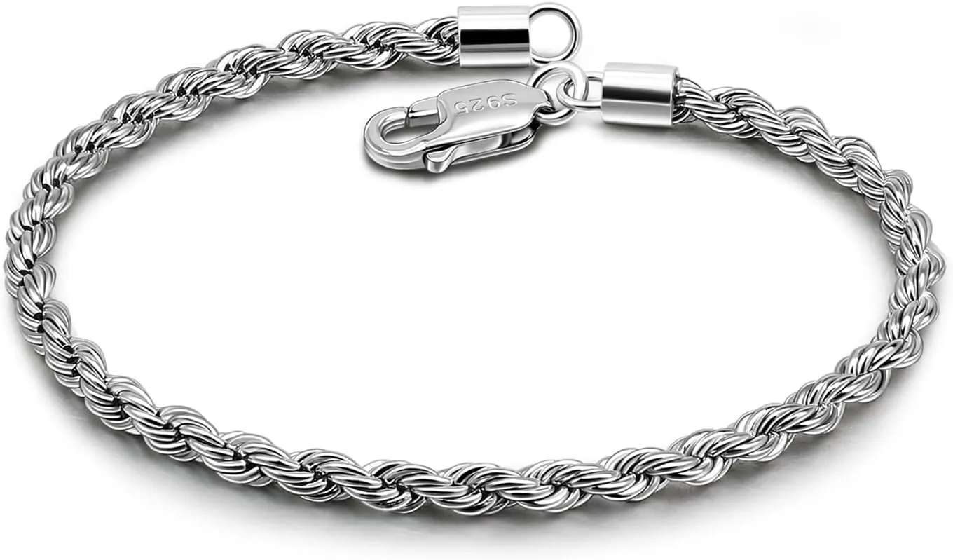 Men Diamond Cut 925 Sterling Silver 3mm Twist Rope Chain Bracelets Women Bangle Clasp Rope Box Chain link 6.3" 6.7" 7" 7.5" 8" 8.5" 9" Cuff Jewelry Gifts