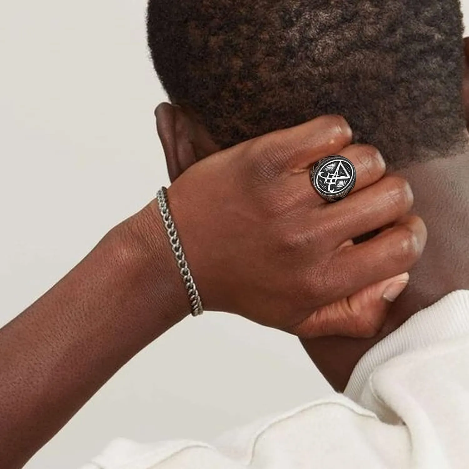Men Religious Stainless Steel Ring - Eye of Horus Pentagram Pentacle Islam Muslim Allah Sigil of Lucifer Satanic Eye of Ra Egyptian Pharaoh Talisman Protection Seal of Satan Wicca Retro Signet Ring