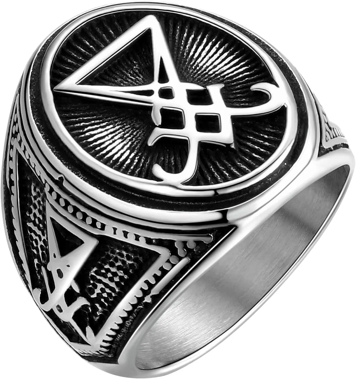 Men Religious Stainless Steel Ring - Eye of Horus Pentagram Pentacle Islam Muslim Allah Sigil of Lucifer Satanic Eye of Ra Egyptian Pharaoh Talisman Protection Seal of Satan Wicca Retro Signet Ring
