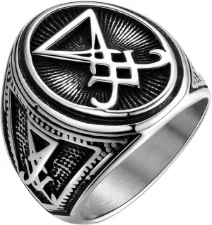 Men Religious Stainless Steel Ring - Eye of Horus Pentagram Pentacle Islam Muslim Allah Sigil of Lucifer Satanic Eye of Ra Egyptian Pharaoh Talisman Protection Seal of Satan Wicca Retro Signet Ring