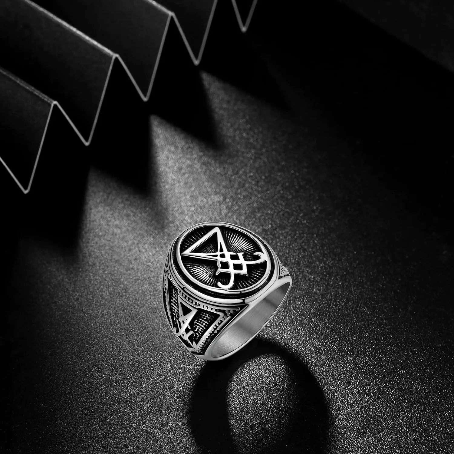 Men Religious Stainless Steel Ring - Eye of Horus Pentagram Pentacle Islam Muslim Allah Sigil of Lucifer Satanic Eye of Ra Egyptian Pharaoh Talisman Protection Seal of Satan Wicca Retro Signet Ring