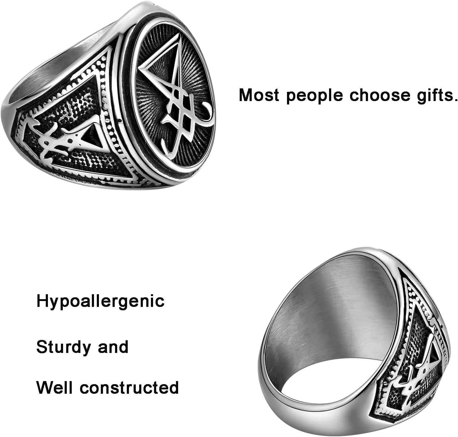 Men Religious Stainless Steel Ring - Eye of Horus Pentagram Pentacle Islam Muslim Allah Sigil of Lucifer Satanic Eye of Ra Egyptian Pharaoh Talisman Protection Seal of Satan Wicca Retro Signet Ring