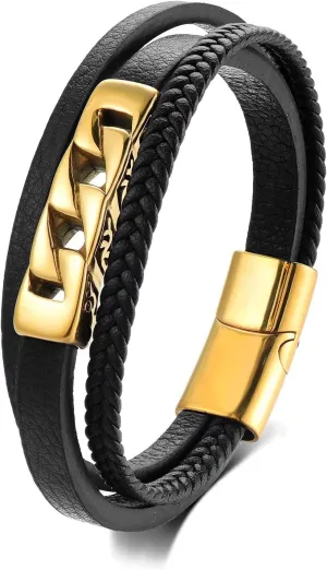Mens Black Leather Bracelet, Multi-Strand Black and Gold Bracelet for Men, Stainless Steel Golden Chain in Black Leather ID Bracelet for Men