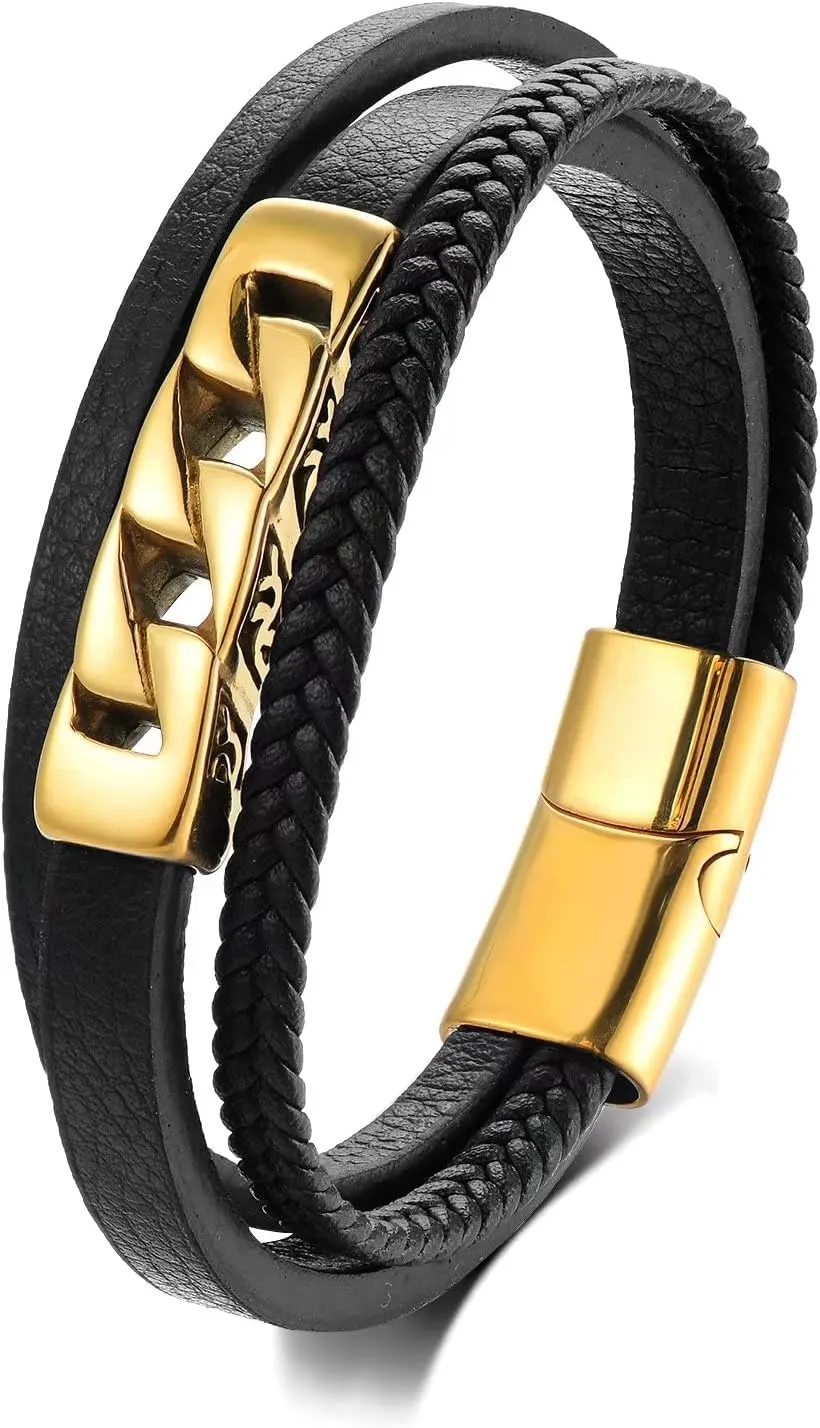 Mens Black Leather Bracelet, Multi-Strand Black and Gold Bracelet for Men, Stainless Steel Golden Chain in Black Leather ID Bracelet for Men
