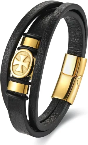 Mens Black Leather Cross Bracelet, Three Strand Black and Gold Bracelet for Men with Celtic Cross Symbol, Mens Stainless Steel Bangle Bracelet,Classic Christian ID Bracelet
