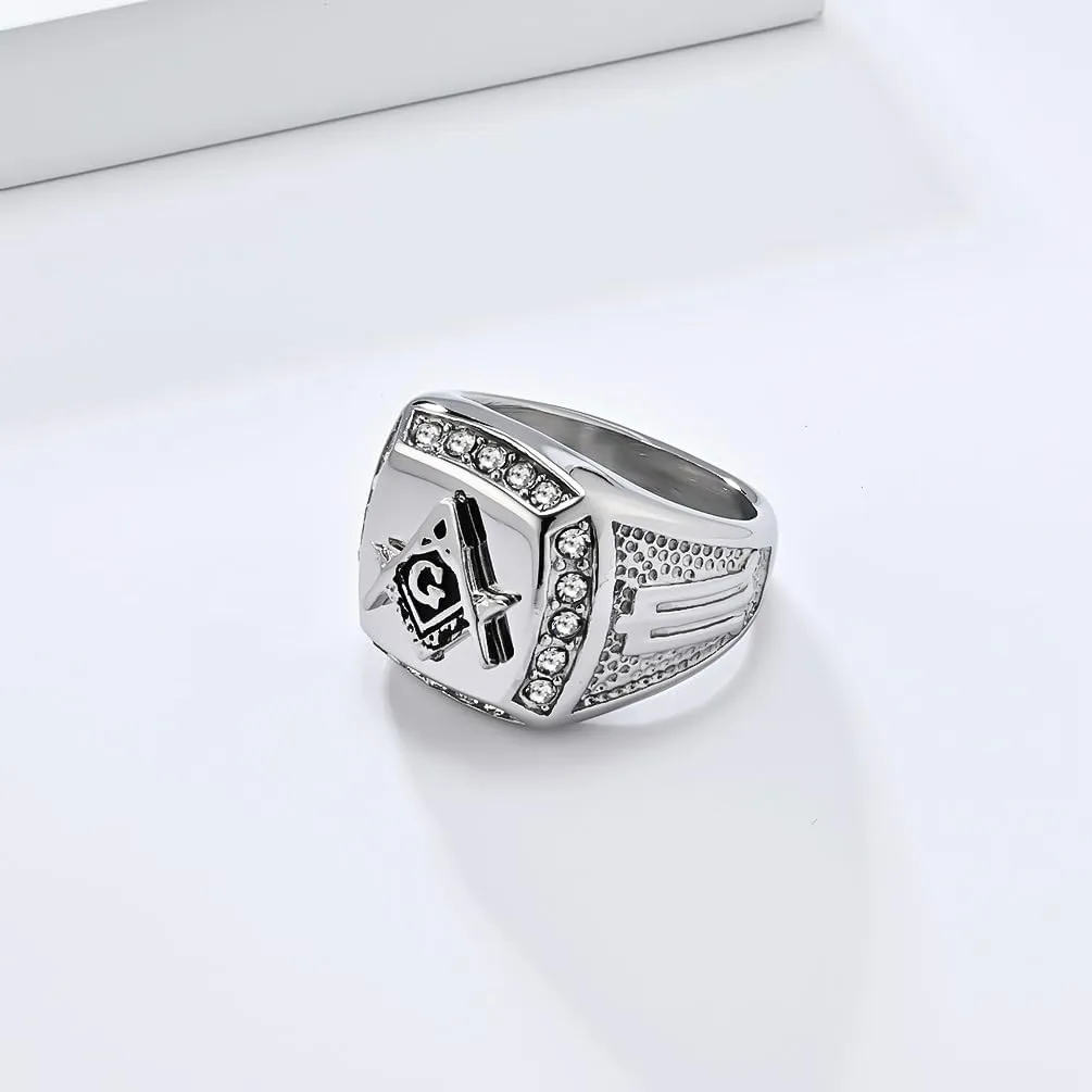Men's Cubic Zirconia Masonic Freemason Gold Plated Stainless Steel Rings