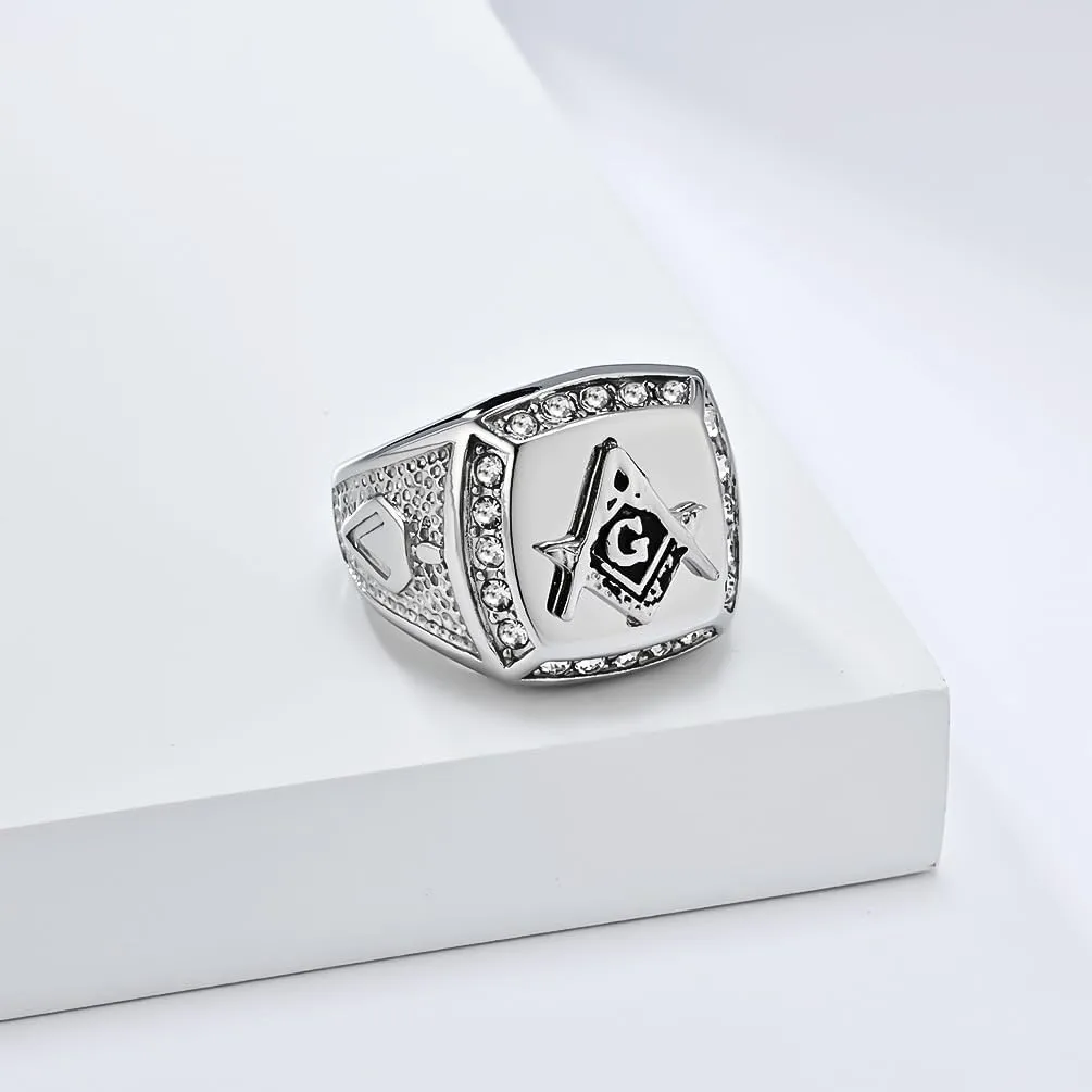 Men's Cubic Zirconia Masonic Freemason Gold Plated Stainless Steel Rings
