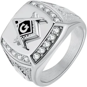 Men's Cubic Zirconia Masonic Freemason Gold Plated Stainless Steel Rings