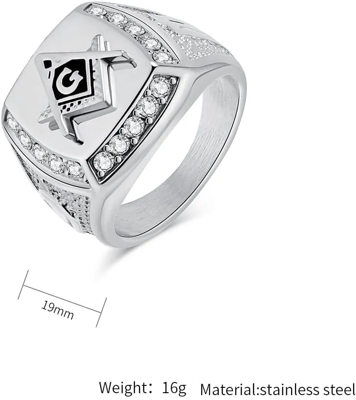 Men's Cubic Zirconia Masonic Freemason Gold Plated Stainless Steel Rings