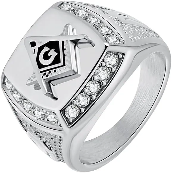 Men's Cubic Zirconia Masonic Freemason Gold Plated Stainless Steel Rings