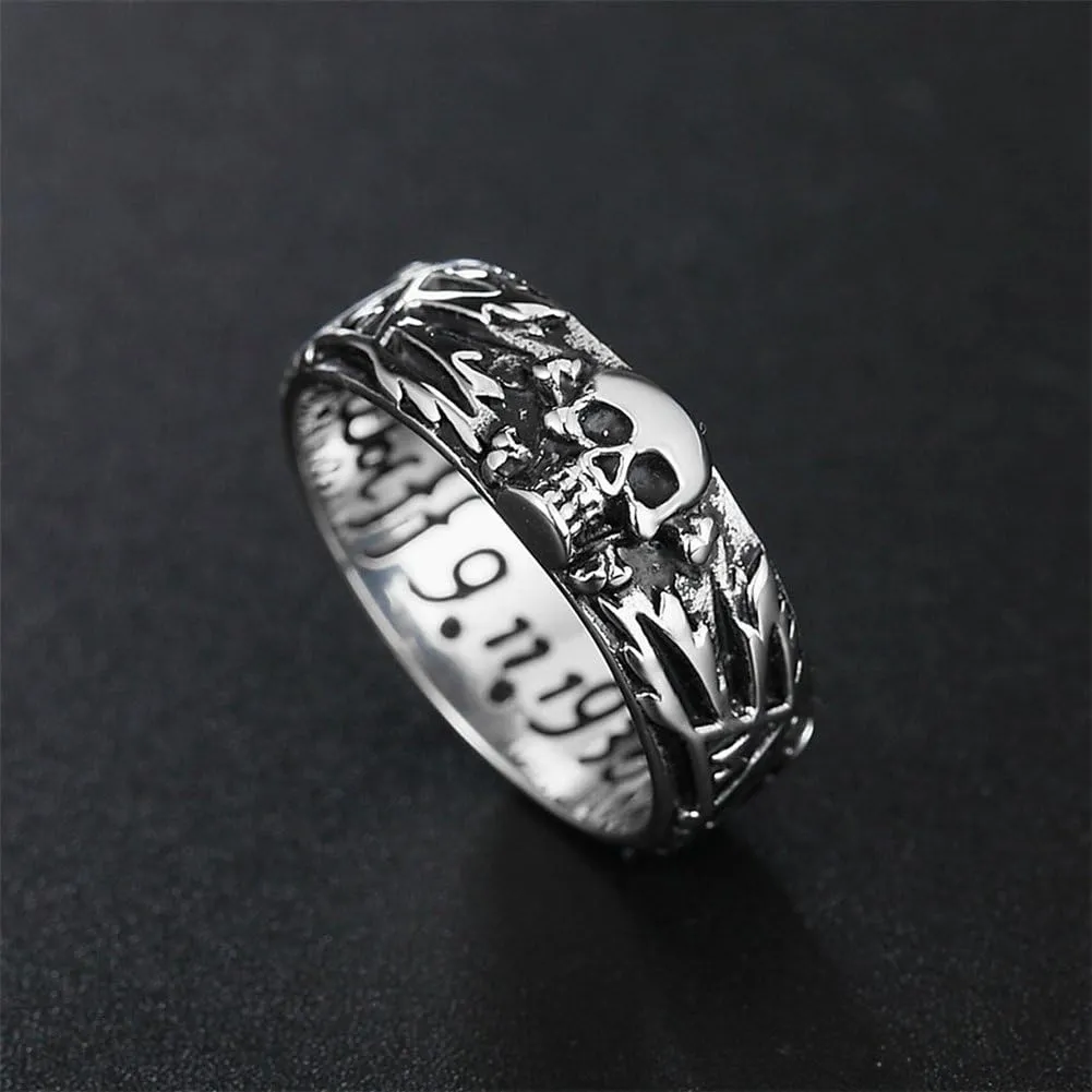Men's Vintage Stainless Steel Band Rings Gothic Devil Skull Flower Carved Biker Rings Silver Black Size 7-12