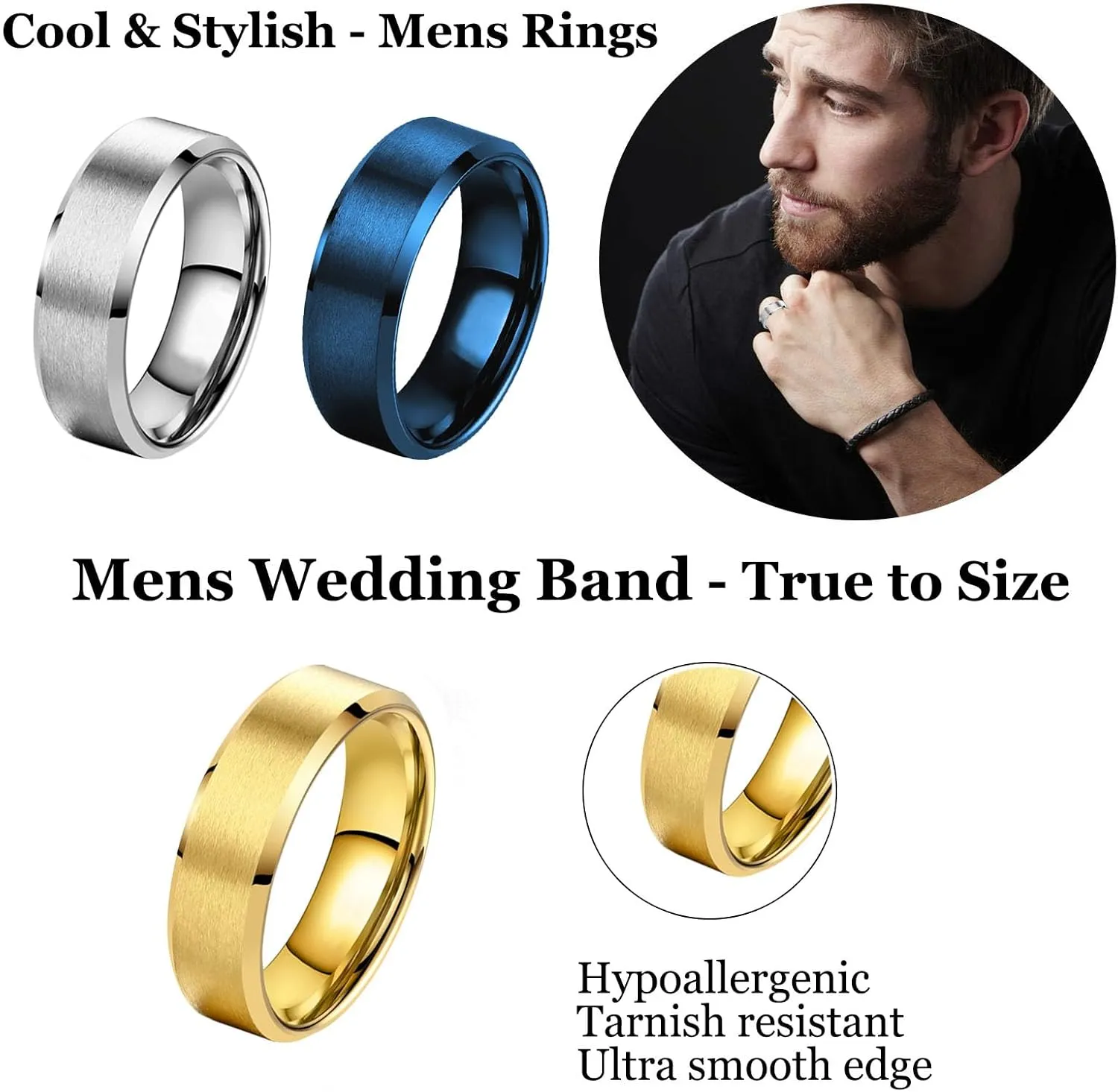 Mens Wedding Band Rings for Men 4pcs Stainless Steel Ring Mens Rings Wedding Ring Set 8MM Width