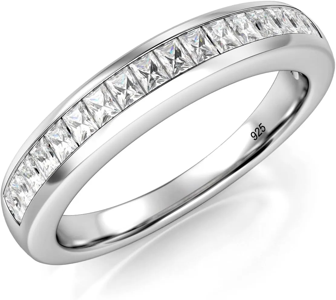 Metal Factory 3MM Sterling Silver Baguette CZ Half Eternity Cubic Zirconia Ring
