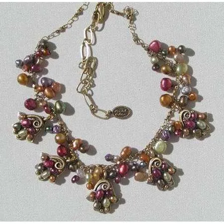 Michal Golan Multi Pearl Hamsa Charm Necklace
