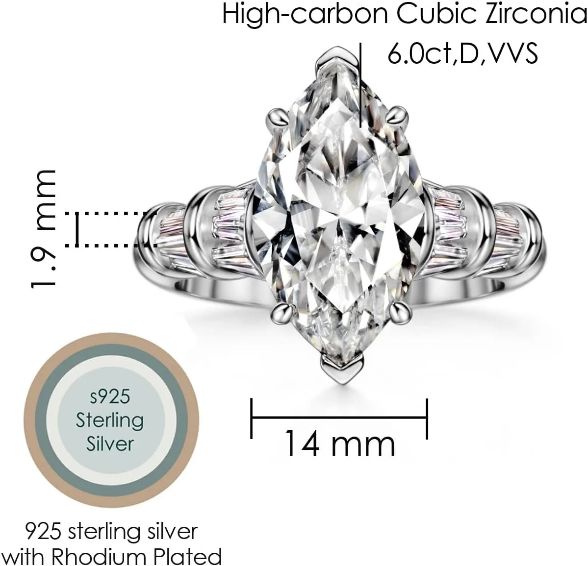 Michooyel S925 6ct Marquise Cut Cubic Zirconia Engagement Ring Wedding Promise Ring Sterling Silver Wedding Band For Women
