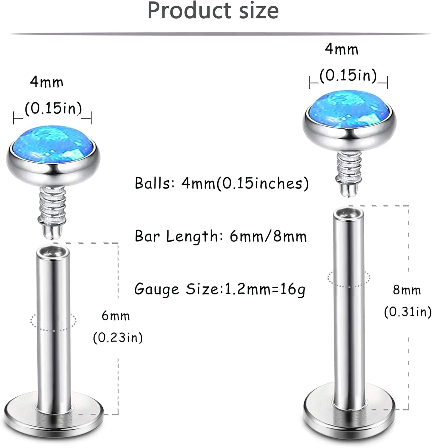 Milacolato 8pcs 16G Tragus Piercing Jewelry 316L Stainless Steel Flat Back Cartilage Earrings Nose Rings Studs for Women Created-Opal Lip Helix Conch Labret Monroe Medusa Piercing Jewelry