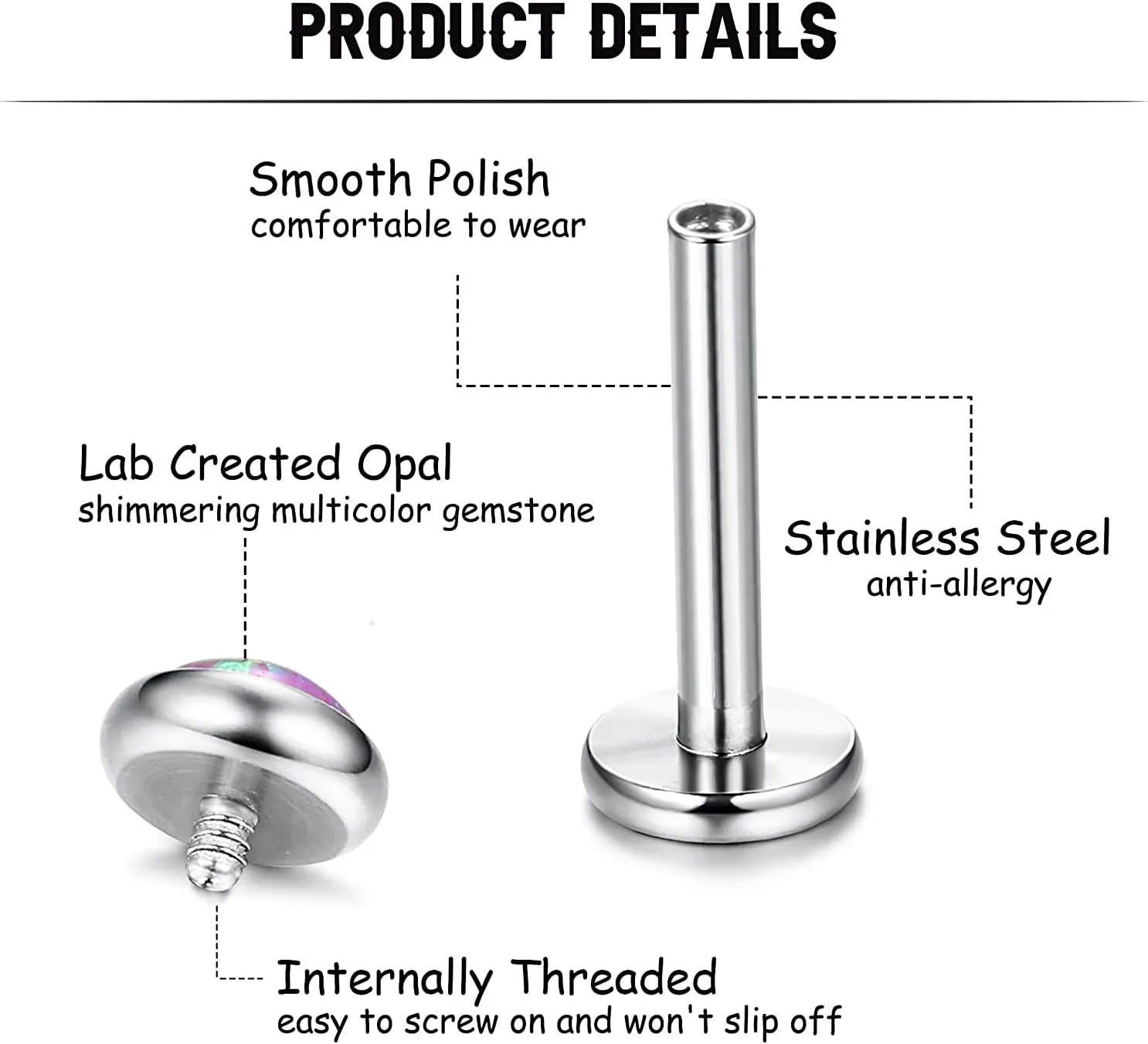 Milacolato 8pcs 16G Tragus Piercing Jewelry 316L Stainless Steel Flat Back Cartilage Earrings Nose Rings Studs for Women Created-Opal Lip Helix Conch Labret Monroe Medusa Piercing Jewelry