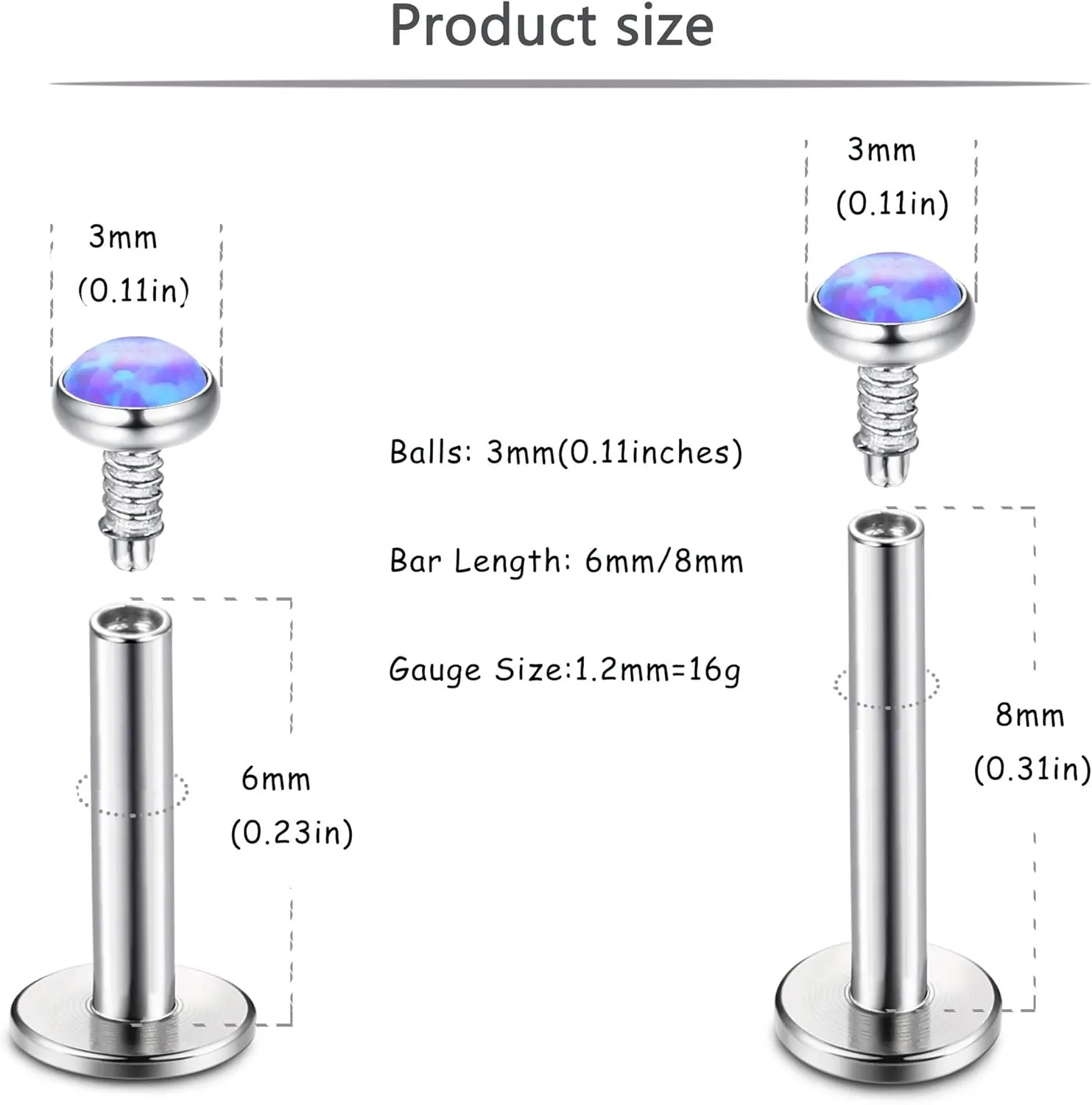 Milacolato 8pcs 16G Tragus Piercing Jewelry 316L Stainless Steel Flat Back Cartilage Earrings Nose Rings Studs for Women Created-Opal Lip Helix Conch Labret Monroe Medusa Piercing Jewelry