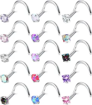 MILACOLATO Hypoallergenic Nose Rings 15Pcs 18G 20G Surgical Stainless Steel Nose Rings Studs L Shaped Screw Studs Rings Cubic Zirconia Nose Ring Labret Lip Nose Piercing Jewelry for Women Men