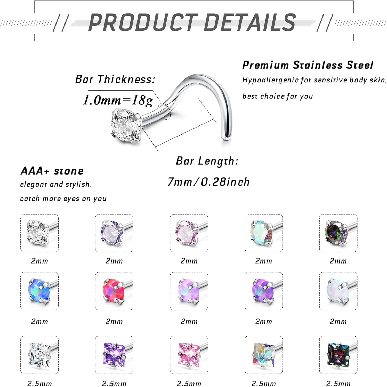 MILACOLATO Hypoallergenic Nose Rings 15Pcs 18G 20G Surgical Stainless Steel Nose Rings Studs L Shaped Screw Studs Rings Cubic Zirconia Nose Ring Labret Lip Nose Piercing Jewelry for Women Men