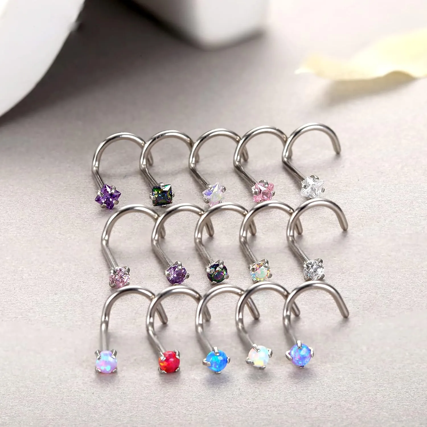 MILACOLATO Hypoallergenic Nose Rings 15Pcs 18G 20G Surgical Stainless Steel Nose Rings Studs L Shaped Screw Studs Rings Cubic Zirconia Nose Ring Labret Lip Nose Piercing Jewelry for Women Men