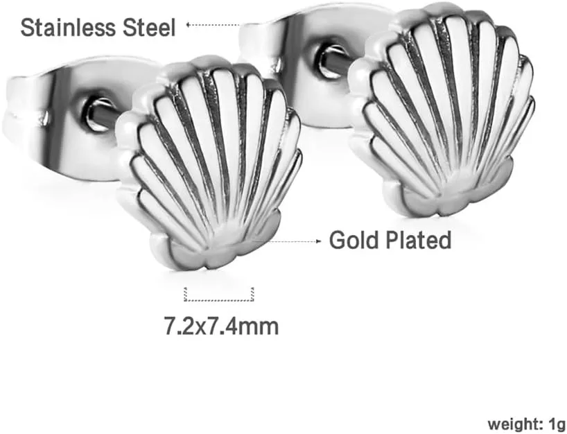 Mini Shell Stud Earrings For Women Girls Stainless Steel Minimalist Dainty Tiny Delicate Scallop Seashell Cartilage Earring Small Cute Studs Gold Silver Summer Beach Ocean Ear Jewelry