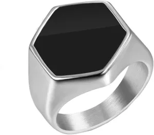 Minimalist Men's Stainless Steel Black Enamel Hexagon Signet Plain Ring Wedding Bands