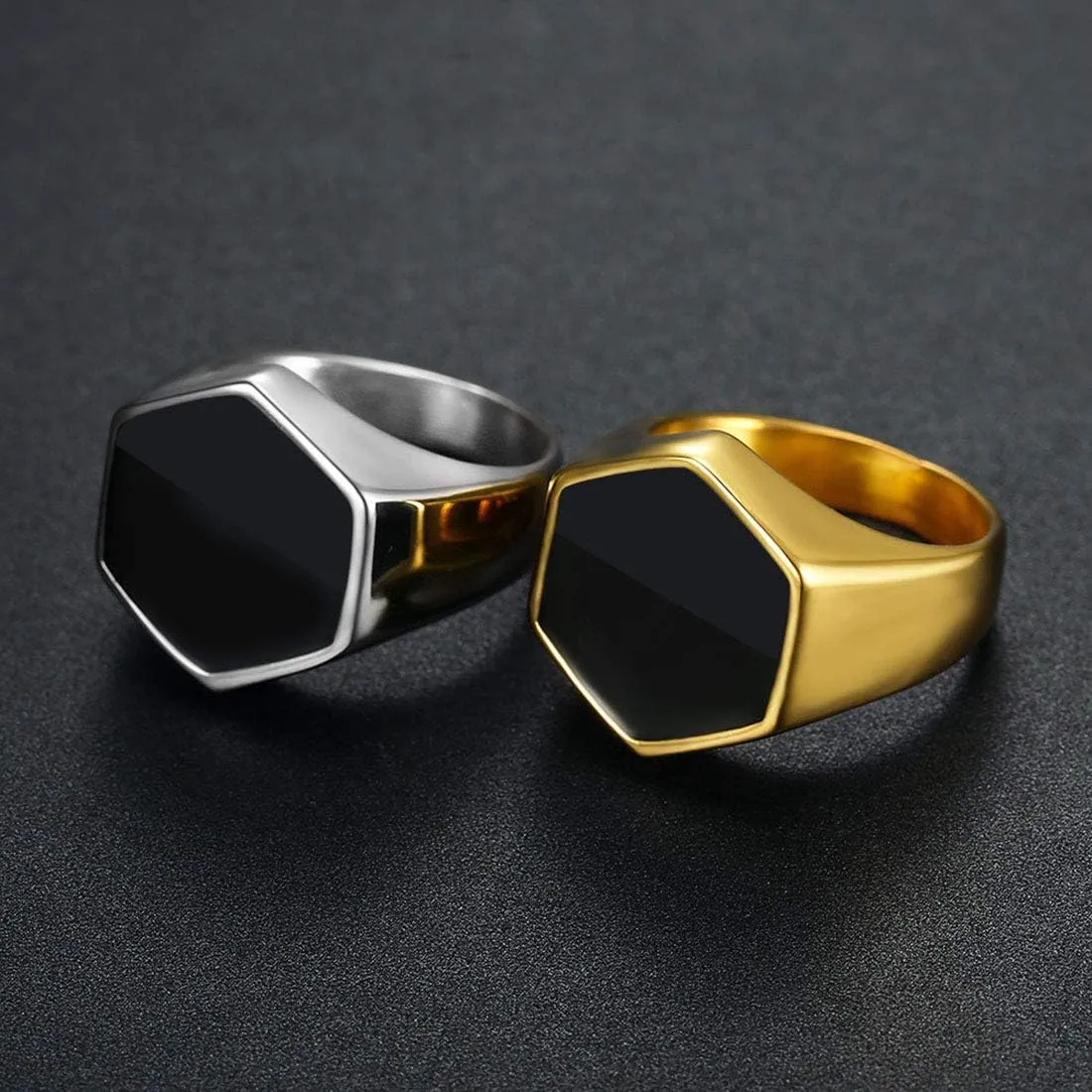 Minimalist Men's Stainless Steel Black Enamel Hexagon Signet Plain Ring Wedding Bands