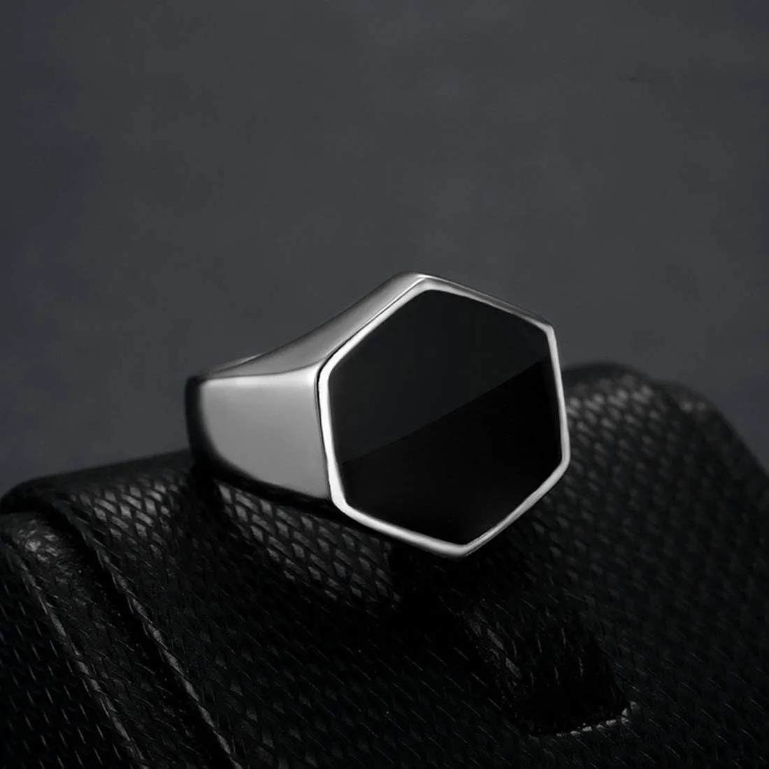 Minimalist Men's Stainless Steel Black Enamel Hexagon Signet Plain Ring Wedding Bands