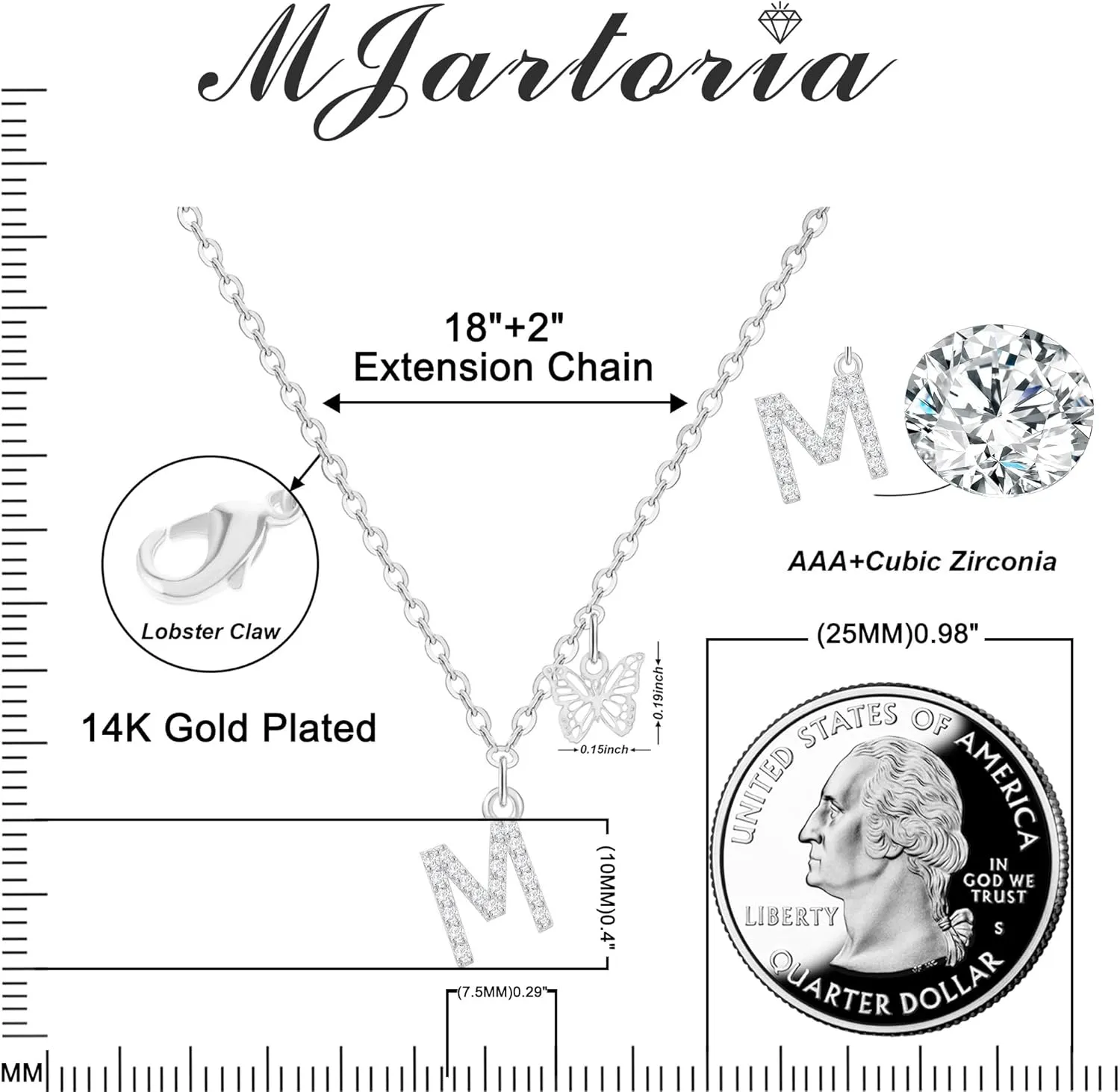 MJartoria Dainty Initial Necklace Butterfly Pendant Necklace, 14K Gold Plated Cubic Zirconia Letter Dainty Necklaces Jewelry Birthday Gifts for Women