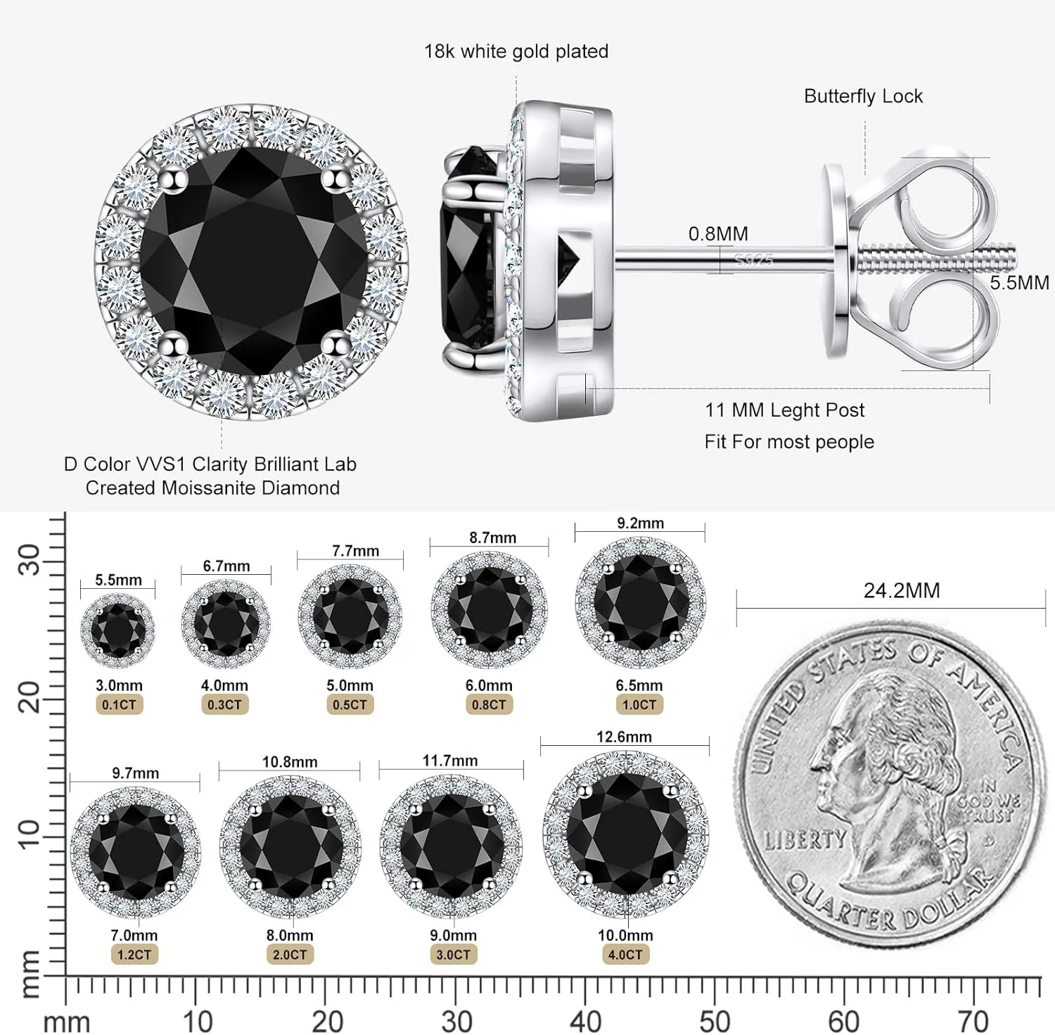 Moissanite Halo Earrings Stud Screw Back 0.2-8.0ct 3-10mm 18K White Gold Plated 925 Sterling Silver Lab Round Cut Brilliant Moissanite Halo Earrings for Women Men