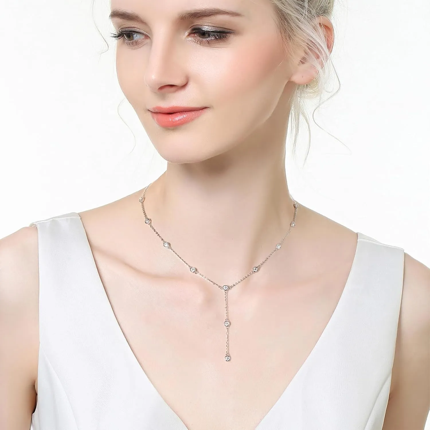 Moissanite Necklace for Women Sterling Silver, Lab Imitation Diamond Lariat Drop Y necklace, Dainty Simple Long Prom Bridal Wedding Hypoallergenic Neckalces, 16 to 20 Inch