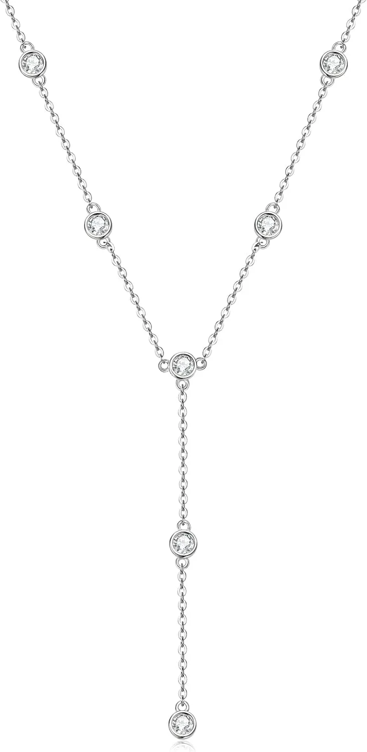 Moissanite Necklace for Women Sterling Silver, Lab Imitation Diamond Lariat Drop Y necklace, Dainty Simple Long Prom Bridal Wedding Hypoallergenic Neckalces, 16 to 20 Inch