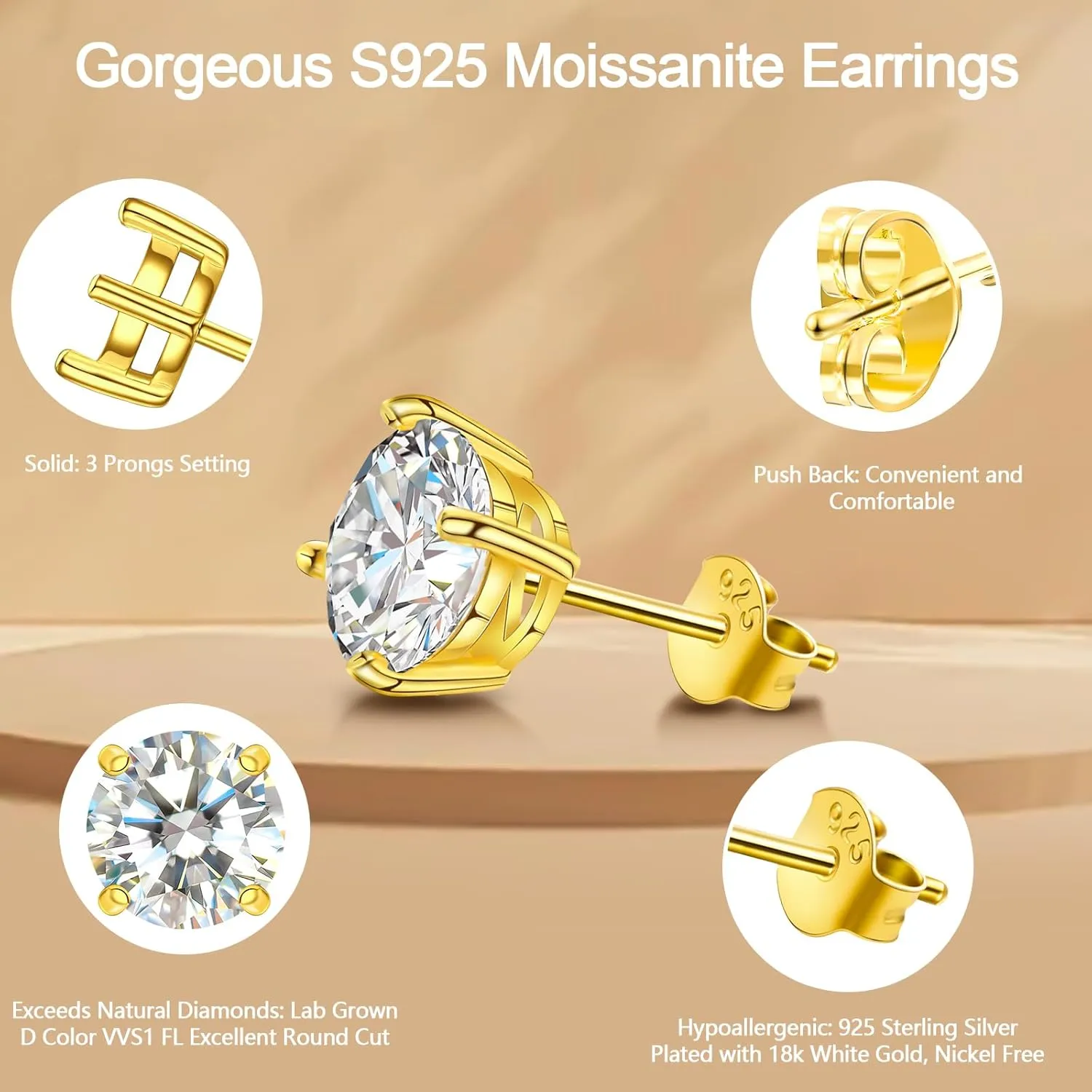 Moissanite Stud Earrings for Women, Lab Created Diamond Solitaire Earrings Gold Vermeil 925 Sterling Silver Jewelry Gift Women Men