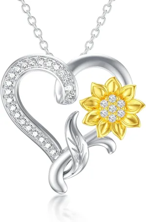 Moissanite Sunflower Heart Necklace for Women, You Are My Sunshine Pendant 925 Sterling Silver 18k Gold Plated Love Heart Jewelry Gift for Her,Wife, Mom, Sister 18" 2"