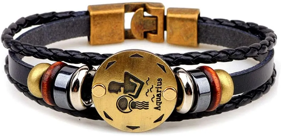 Multi-Layer Leather Braided Wrap Zodiac Bracelet 12 Constellation Bracelet Black Leather Clasp Wrap Bracelet Fashion Casual for Women Cool Style for Men