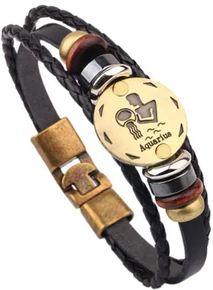 Multi-Layer Leather Braided Wrap Zodiac Bracelet 12 Constellation Bracelet Black Leather Clasp Wrap Bracelet Fashion Casual for Women Cool Style for Men