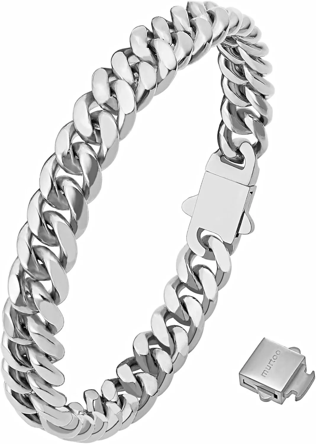 murtoo Mens Cuban Link Bracelet, Stainless Steel Silver Bracelets for Men, Chain Bracelet for Husband with Detachable Box Clasp (Silver, 8mm, 8.7inches)