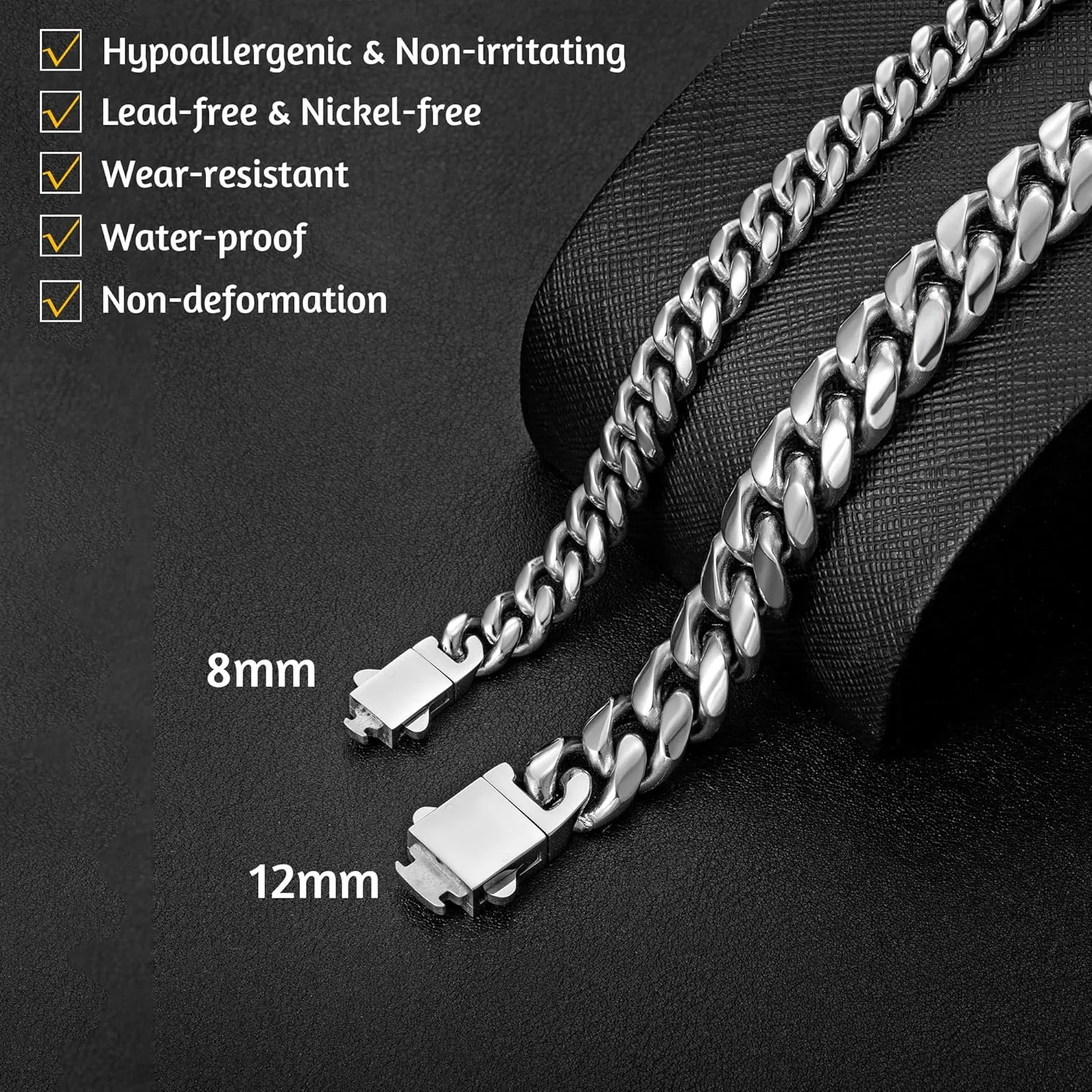 murtoo Mens Cuban Link Chain Bracelet, 6/8/12MM Stainless Steel Bracelets for Men Silver Black Gold, Hip Hop Link Bracelet with Detachable Clasp Gift for Men Him
