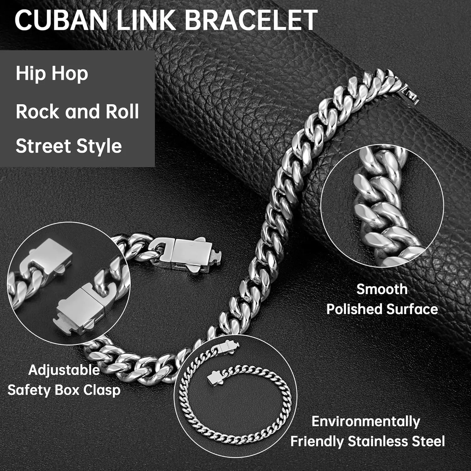 murtoo Mens Cuban Link Chain Bracelet, 6/8/12MM Stainless Steel Bracelets for Men Silver Black Gold, Hip Hop Link Bracelet with Detachable Clasp Gift for Men Him